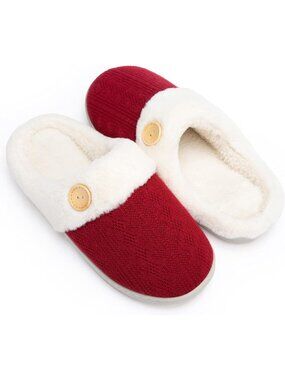 Women's Red Warm Comfy Memory Foam Knitted Shoes Faux Fur Lined Slippers